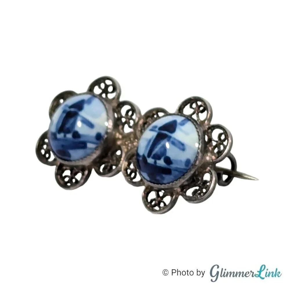 VTG Double Blue Windmill Delft Porcelain Filigree Flower Sterling Silver Brooch